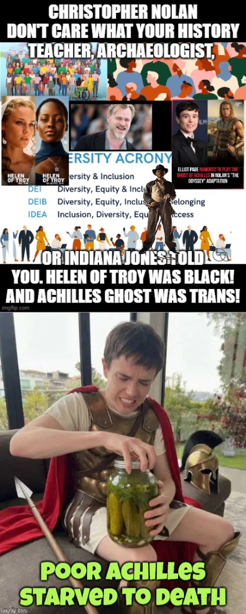 DEI Odyssey with Ellen Page as Achilles | image tagged in achilles starving,greek mythology,hypocrisy | made w/ Imgflip meme maker