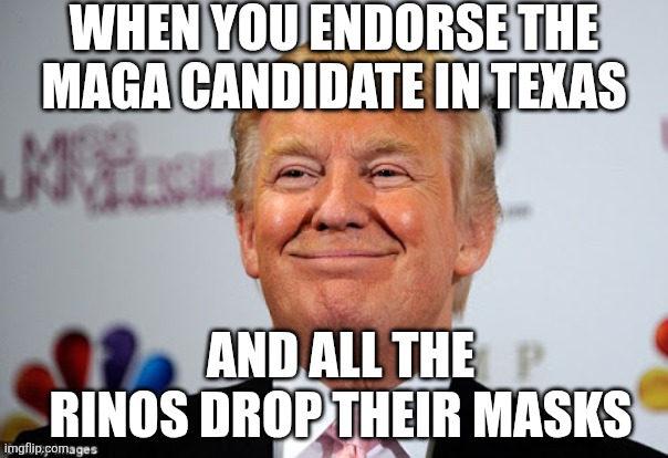 Donald trump approves | When you endorse the maga candidate in texas; And all the rinos drop their masks | image tagged in donald trump approves | made w/ Imgflip meme maker