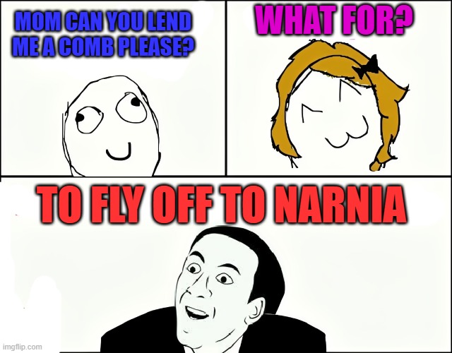 when people ask stupid questions | What for? Mom can you lend me a comb please? To fly off to Narnia | image tagged in memes,you don't say | made w/ Imgflip meme maker