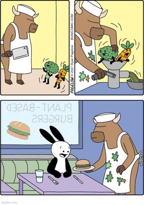 Buni Comics | image tagged in comics,buni comics,restaurant,vegetables,meat grinder,veggie burger | made w/ Imgflip meme maker
