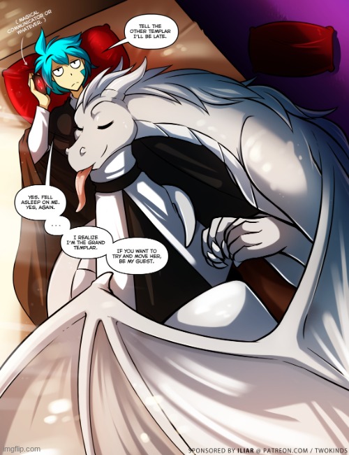 When you have to call in late at work, because your pet won't let you up (art by thomas fischbach) | image tagged in nora,dragon,trace,twokinds | made w/ Imgflip meme maker