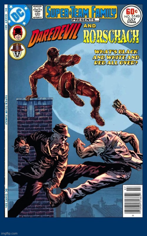 “The Man Without Fear” meets one of the Watchmen! | image tagged in comics,daredevil,rorschach,crossover,super team family,watchmen | made w/ Imgflip meme maker