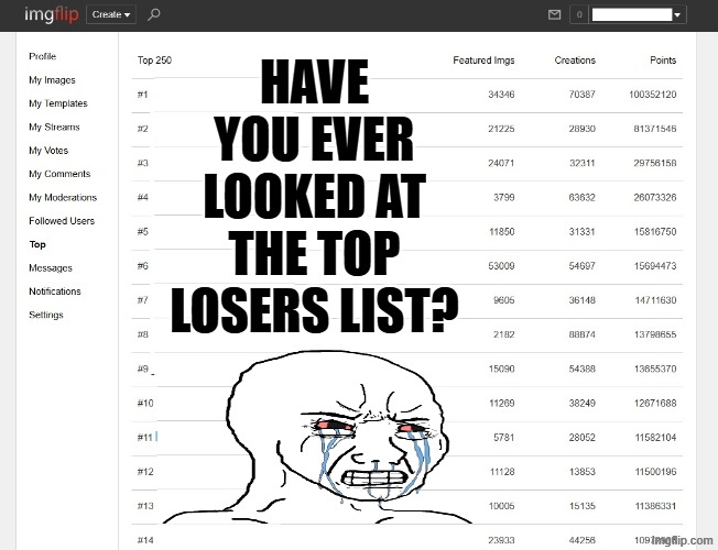 TOP LOSER LIST | HAVE YOU EVER LOOKED AT THE TOP LOSERS LIST? | image tagged in troll,loser,trolls | made w/ Imgflip meme maker