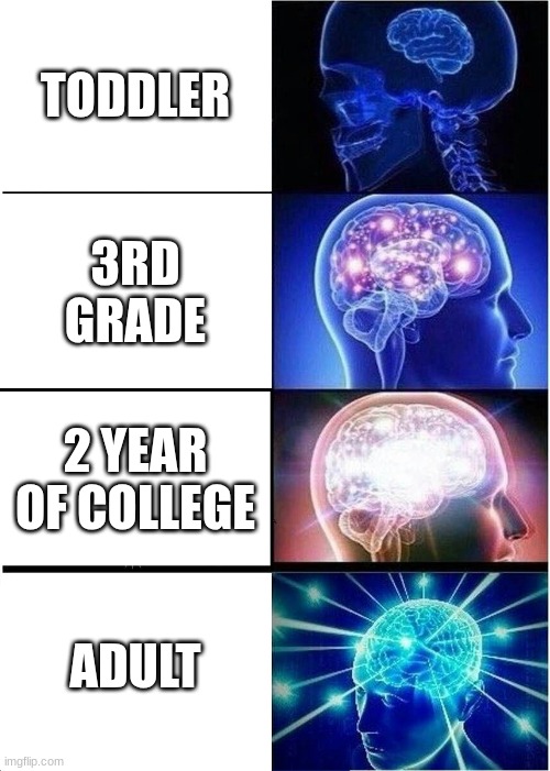 Expanding Brain | Toddler; 3rd grade; 2 year of college; adult | image tagged in memes,expanding brain | made w/ Imgflip meme maker