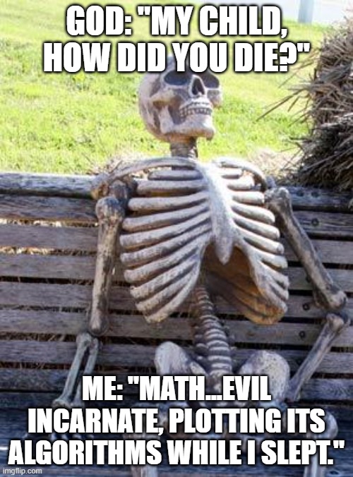how did you die? | god: "my child, how did you die?"; me: "Math...evil incarnate, plotting its algorithms while I slept." | image tagged in memes,waiting skeleton | made w/ Imgflip meme maker