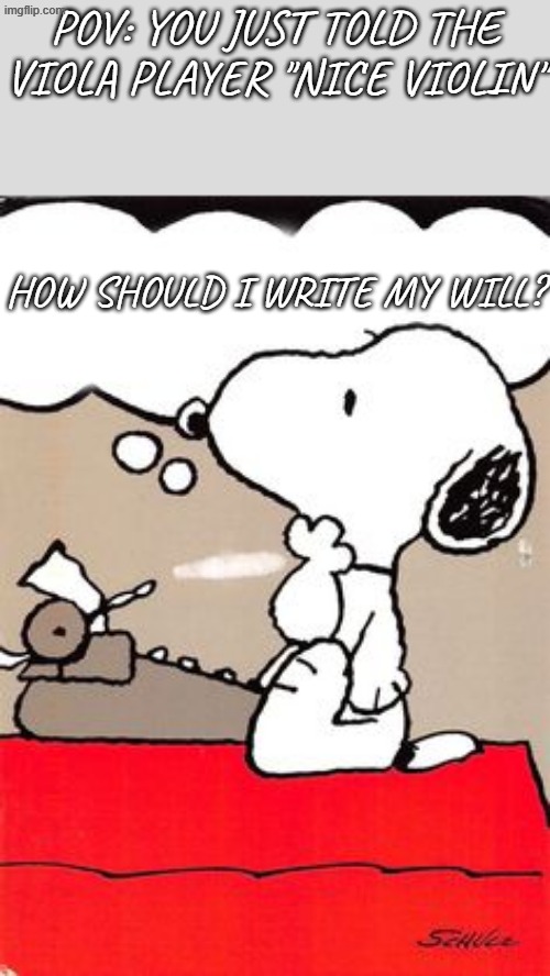 I've been the one TOLD "Nice Violin" | POV: you just told the Viola player "Nice Violin"; How should I write my will? | image tagged in snoopy famous writer | made w/ Imgflip meme maker