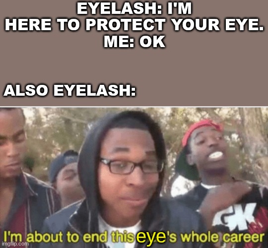 Billie Eylash is here to stay | Eyelash: I'm here to protect your eye.
me: ok; Also Eyelash:; eye | image tagged in i m about to ruin this man s whole career,what a terrible day to have eyes | made w/ Imgflip meme maker