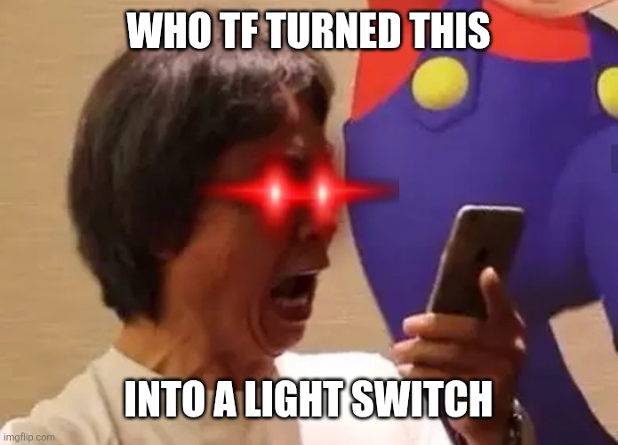 Shiguru Miyamoto looking at his phone | Who tf turned this Into a light switch | image tagged in shiguru miyamoto looking at his phone | made w/ Imgflip meme maker