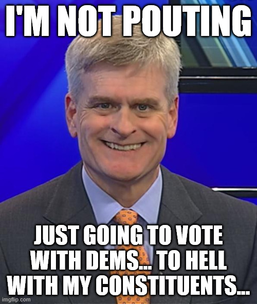 RINO Loser Cassidy Joins Dems! | I'm not pouting; Just going to vote with dems... to hell with my constituents... | image tagged in bill cassidy goodnight,cassidy,showing true colors,rino | made w/ Imgflip meme maker