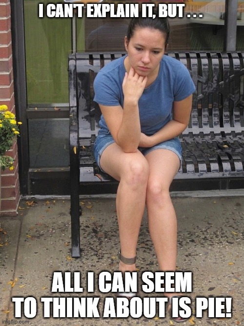 Another Completely Silly and Meaningless Meme (Thinking?) | i can't explain it, but . . . all i can seem to think about is pie! | image tagged in thinking,woman thinking,pie,meaningless meme | made w/ Imgflip meme maker