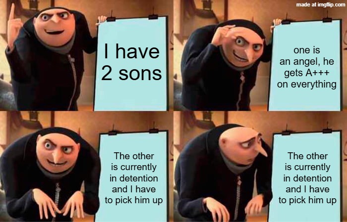 2 kids | I have 2 sons; one is an angel, he gets A+++ on everything; The other is currently in detention and I have to pick him up; The other is currently in detention and I have to pick him up | image tagged in memes,gru's plan | made w/ Imgflip meme maker