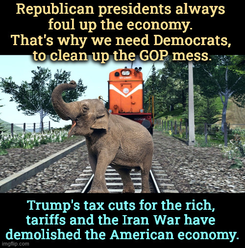 The Republican elephant about to be run over by a train | Republican presidents always 
foul up the economy. 
That's why we need Democrats, 
to clean up the GOP mess. Trump's tax cuts for the rich, 
tariffs and the Iran War have 
demolished the American economy. | image tagged in the republican elephant about to be run over by a train,incompetence,economy,tariffs,republicans,iran | made w/ Imgflip meme maker