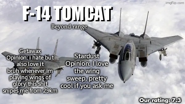 f 14 tomcat | F-14 Tomcat; F-14 Tomcat; Beyond range; Stardust Opinion: I love the wing sweep, pretty cool if you ask me; Getawax Opinion: i hate but also love it bruh whenever im playing wings of glory this shit snipes me from 29km; Our rating: 7.3 | image tagged in f 14 tomcat,remix,jetdex | made w/ Imgflip meme maker