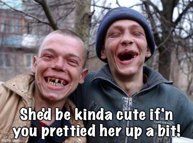 No teeth | She'd be kinda cute if'n you prettied her up a bit! | image tagged in no teeth | made w/ Imgflip meme maker