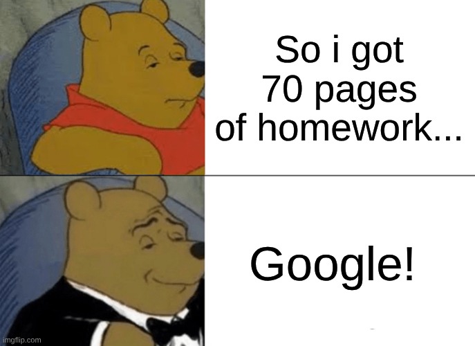 School meme!! | So i got 70 pages of homework... Google! | image tagged in memes,tuxedo winnie the pooh,funny,imgflip,oh wow are you actually reading these tags | made w/ Imgflip meme maker