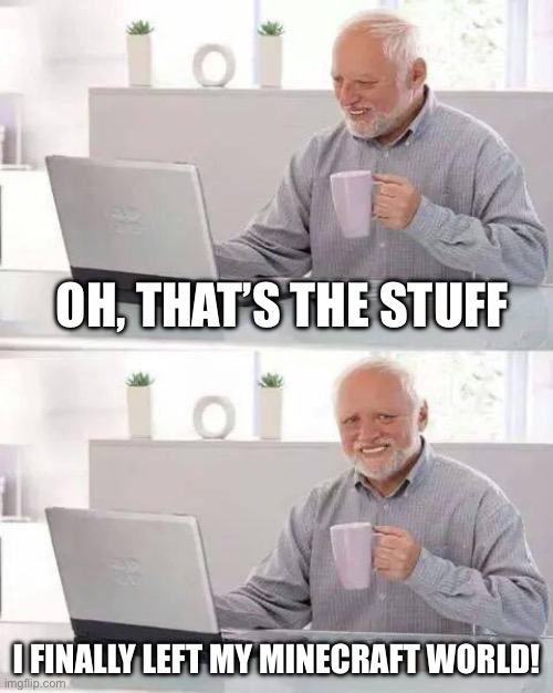 It can be kinda addicting. | Oh, that’s the stuff; I finally left my Minecraft world! | image tagged in memes,hide the pain harold | made w/ Imgflip meme maker