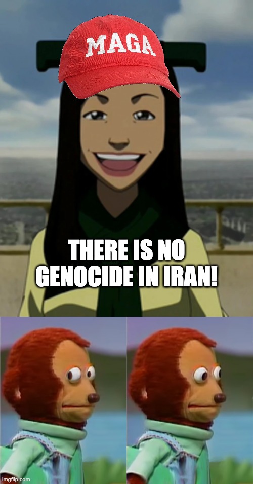 There is no genocide in iran! | image tagged in there is no war in ba sing se,puppet monkey looking away | made w/ Imgflip meme maker