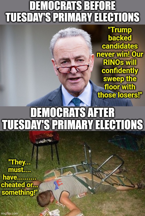 Democrats learned a Trump endorsment crushes any liberal endorsement... again | Democrats before Tuesday's Primary elections; "Trump backed candidates never win! Our RINOs will confidently sweep the floor with those losers!"; Democrats after Tuesday's Primary elections; "They... must.... have.......... cheated or... something!" | image tagged in crying democrats,liberal logic,stupid people,failure,trump,election | made w/ Imgflip meme maker