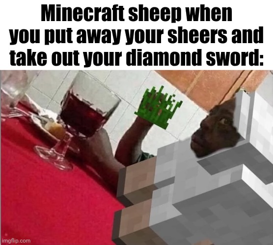 Title⁵² | Minecraft sheep when you put away your sheers and take out your diamond sword: | image tagged in funny,meme,memes,funny meme,funny memes,relatable | made w/ Imgflip meme maker