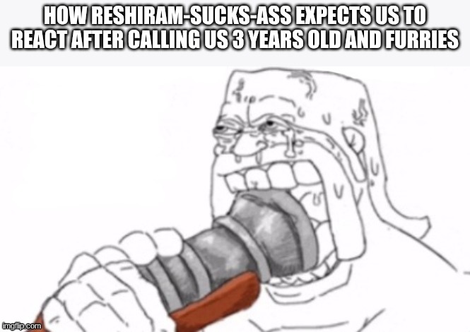 It's not gonna work zlawg | how reshiram-sucks-ass expects us to react after calling us 3 years old and furries | image tagged in barbarian gun to mouth | made w/ Imgflip meme maker