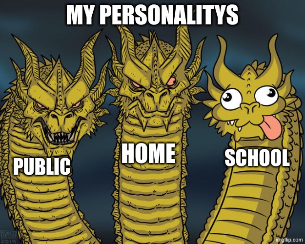 Three-headed Dragon | my personalitys; home; school; public | image tagged in three-headed dragon,hehehe | made w/ Imgflip meme maker