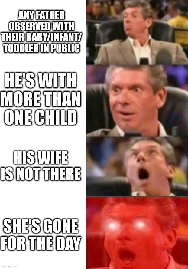 Society's low expectations for fathers | Any father observed with their baby/infant/ toddler in public; He's with more than one child; His wife is not there; She's gone for the day | image tagged in mr mcmahon reaction,fathering,father of the year,double standards | made w/ Imgflip meme maker