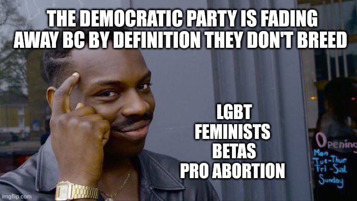 Roll Safe Think About It | The democratic party is fading away bc by definition they don't breed; Lgbt
Feminists 
Betas
Pro abortion | image tagged in memes,roll safe think about it | made w/ Imgflip meme maker