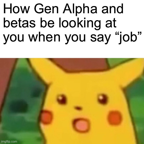 Surprised Pikachu | How Gen Alpha and betas be looking at you when you say “job” | image tagged in memes,surprised pikachu | made w/ Imgflip meme maker