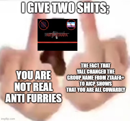 fuck you | i give two shits; you are not real anti furries the fact that yall changed the group name from ztaafa+ to aicp shows that you are all coward | image tagged in fuck you | made w/ Imgflip meme maker