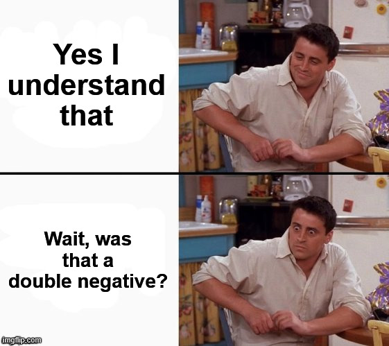 Comprehending Joey | Yes I understand that Wait, was that a double negative? | image tagged in comprehending joey | made w/ Imgflip meme maker