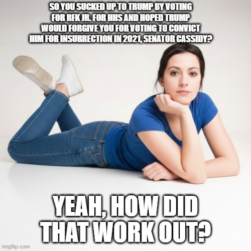 Yeah, How Did That Work Out Bill Cassidy | so you sucked up to trump by voting for rfk jr. for hhs and hoped trump would forgive you for voting to convict him for insurrection in 2021, Senator Cassidy? yeah, how did that work out? | image tagged in yeah how did that work out,bill cassidy,rfk jr,i hate donald trump,trump sucks | made w/ Imgflip meme maker