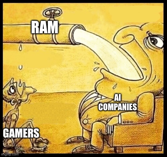 fat guy drinking water | RAM; AI companies; Gamers | image tagged in fat guy drinking water,ai,ram,gaming | made w/ Imgflip meme maker