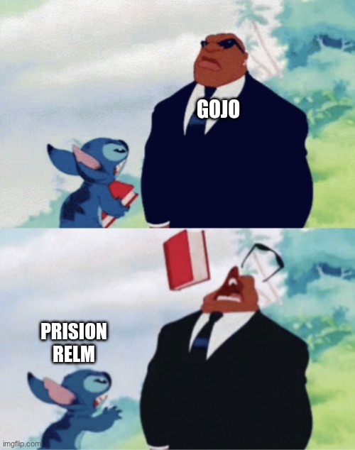 he is the reason he was trapped he destroyed everything that allows his escape | gojo; prision relm | image tagged in stitch throwing book,jjk,jujutsu kaisen | made w/ Imgflip meme maker