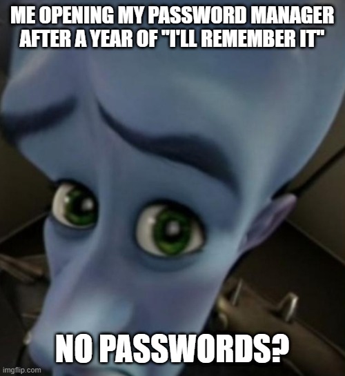 Boi u sis | ME OPENING MY PASSWORD MANAGER AFTER A YEAR OF "I'll remember it"; NO PASSWORDS? | image tagged in megamind no bitches | made w/ Imgflip meme maker