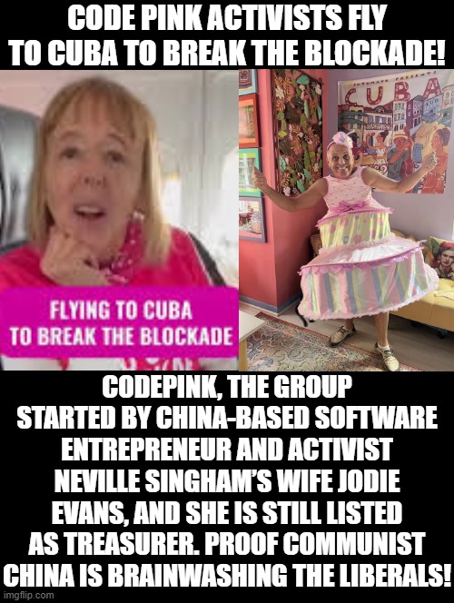 Who is brainwashing the Liberals?   Communist China!!! | Code pink activists fly to cuba to break the blockade! CodePink, the group started by China-based software entrepreneur and activist Neville Singham’s wife Jodie Evans, and she is still listed as treasurer. Proof Communist China is brainwashing the liberals! | image tagged in brainwashed | made w/ Imgflip meme maker
