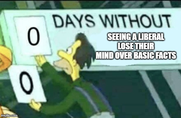Yes | Seeing a liberal lose their mind over basic facts | image tagged in 0 days without lenny simpsons,memes,politics | made w/ Imgflip meme maker
