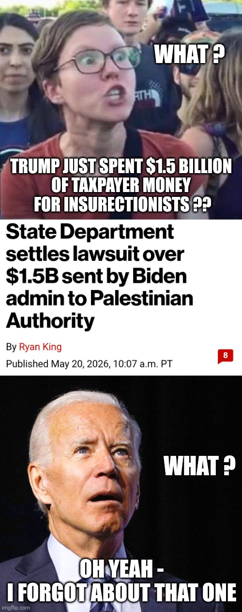 Biden did it. No one cared | What ? Trump just spent $1.5 billion 
of taxpayer money 
for insurectionists ?? What ? Oh yeah -
I forgot about that one | image tagged in angry liberal,joe biden,leftists,liberal logic,democratic socialism,hypocrites | made w/ Imgflip meme maker