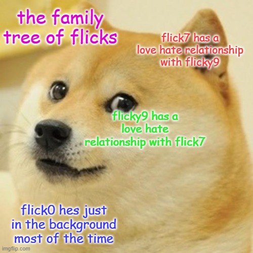 the family tree of flicks | the family tree of flicks; flick7 has a love hate relationship with flicky9; flicky9 has a love hate relationship with flick7; flick0 hes just in the background most of the time | image tagged in memes,doge | made w/ Imgflip meme maker