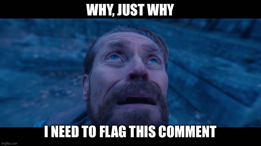 Why, just why I need to flag this comment | image tagged in willem dafoe looking up | made w/ Imgflip meme maker