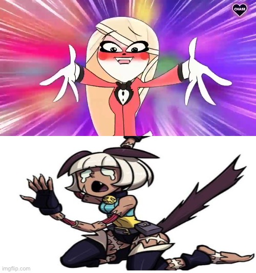 Ms. Fortune panicking to Charlie | image tagged in skullgirls,hazbin hotel,deviantart,scared,amv | made w/ Imgflip meme maker