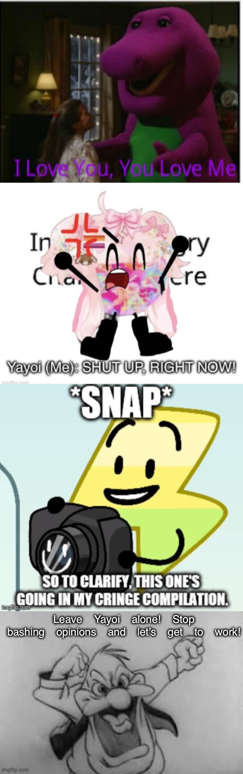 Will Matkiko even stop the stupid opinion bashing? | Leave Yayoi alone! Stop bashing opinions and let’s get to work! | image tagged in pelican,lightning,barney,barney the dinosaur,imgflip users | made w/ Imgflip meme maker