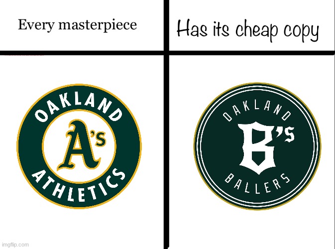 oakland b's meme | image tagged in every masterpiece has its cheap copy,oakland raiders,sports,mlb,mlb baseball,wtf | made w/ Imgflip meme maker
