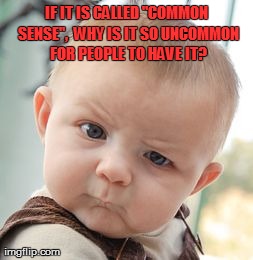 Skeptical Baby Meme | IF IT IS CALLED "COMMON SENSE",  WHY IS IT SO UNCOMMON FOR PEOPLE TO HAVE IT? | image tagged in memes,skeptical baby | made w/ Imgflip meme maker