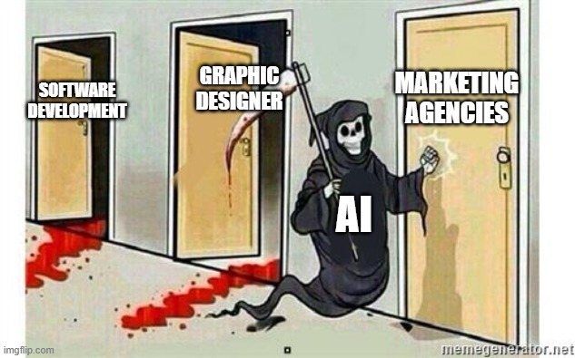 Grim Reaper Knocking Door | Marketing Agencies; Graphic Designer; Software Development; AI | image tagged in grim reaper knocking door,remix | made w/ Imgflip meme maker