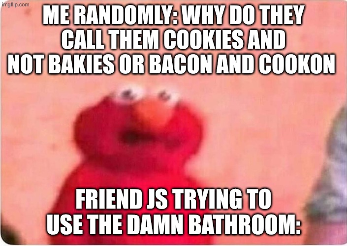 um | me randomly: why do they call them cookies and not bakies or bacon and cookon; friend js trying to use the damn bathroom: | image tagged in sickened elmo,weird,elmo,wondering | made w/ Imgflip meme maker