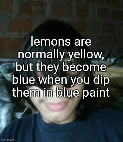 lemons are normally yellow, but they become blue when you dip them in blue paint | image tagged in 53d jpg | made w/ Imgflip meme maker