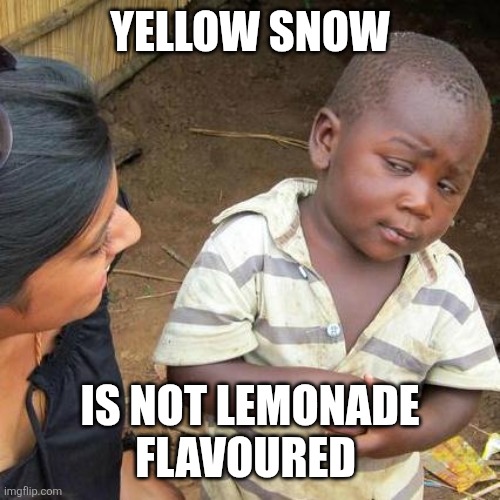 Third World Skeptical Kid Meme | Yellow snow; Is not lemonade flavoured | image tagged in memes,third world skeptical kid | made w/ Imgflip meme maker