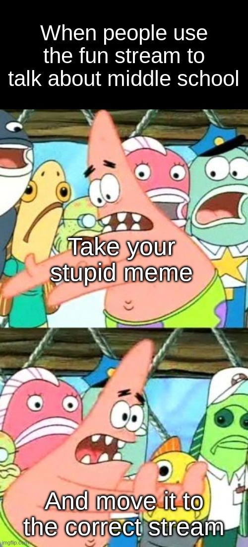 hooray | When people use the fun stream to talk about middle school; Take your stupid meme; And move it to the correct stream | image tagged in memes,put it somewhere else patrick | made w/ Imgflip meme maker