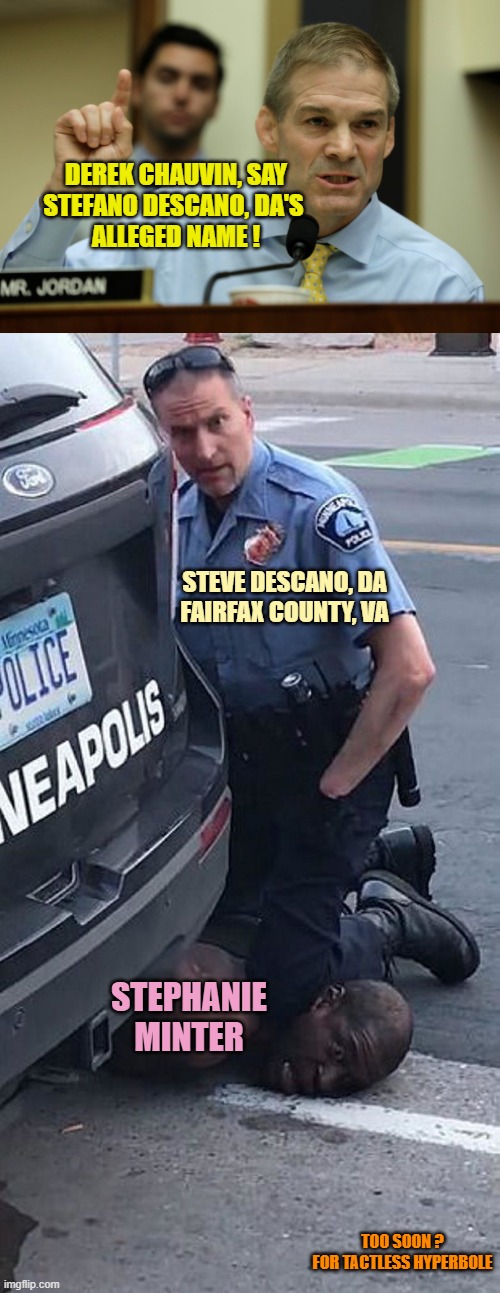 Derek Chauvin, say
Stefano Descano, DA's 
alleged name ! steve Descano, DA
Fairfax County, VA; Stephanie
Minter; Too Soon ?
For tactless Hyperbole | image tagged in rep jim jordan,george floyd - derek chauvin | made w/ Imgflip meme maker