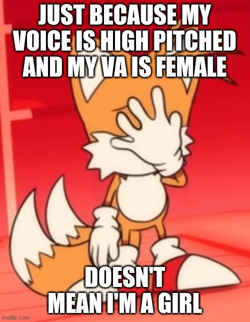 just because my voice is high pitched and my VA is female doesn't mean I'm a girl | image tagged in miles tails prower facepalm | made w/ Imgflip meme maker